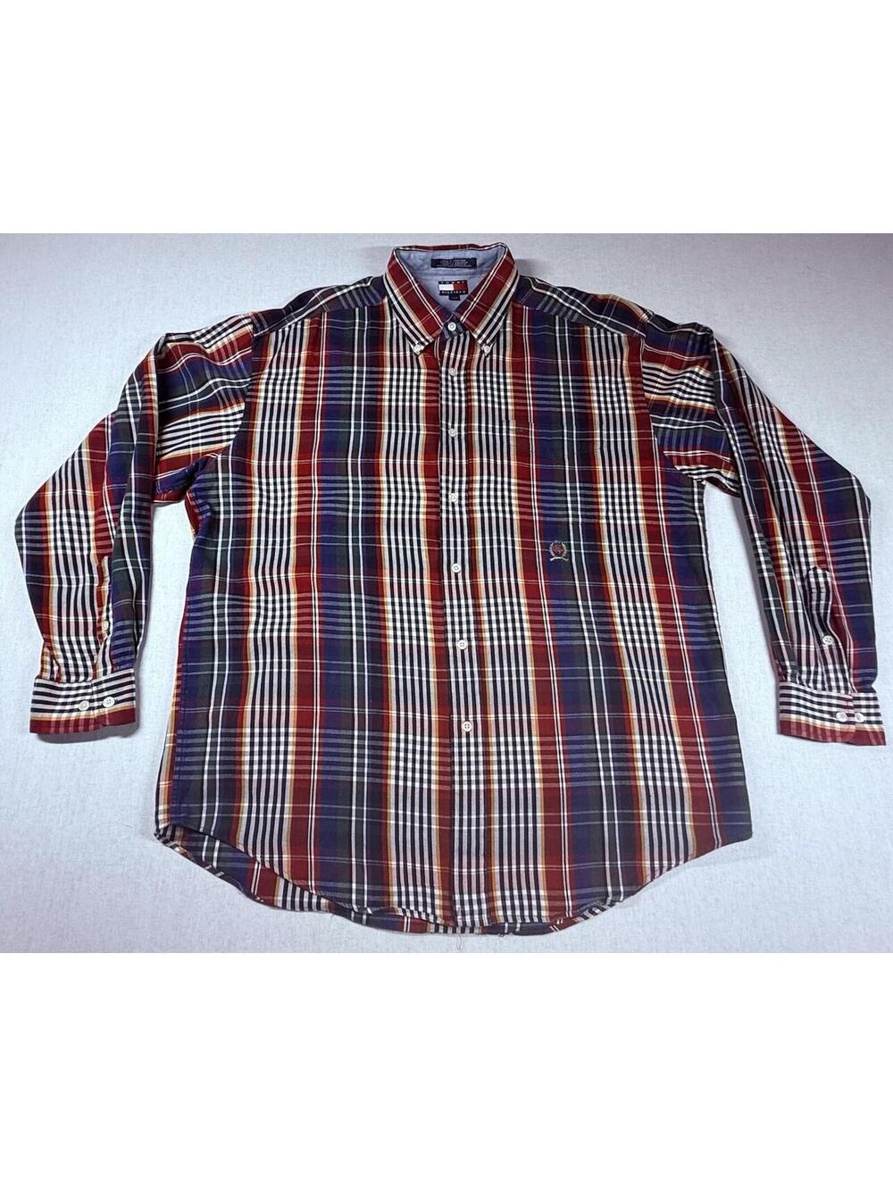 VTG Tommy Hilfiger Long Sleeve Dress Shirt Men Sz L Multicolor Plaid Button Down